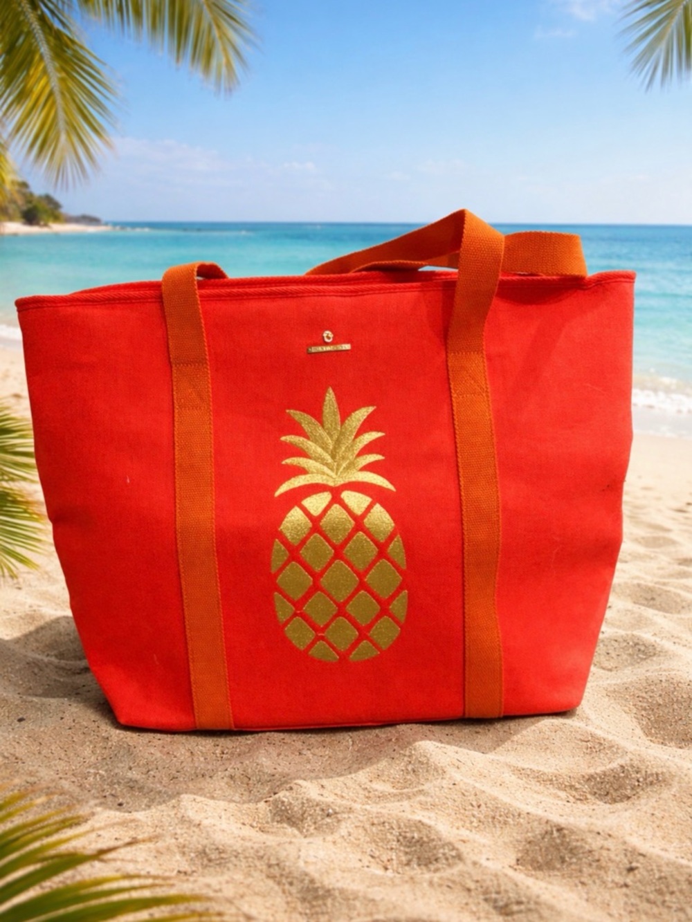 Spartina 449 Red foldable insulated cooler Tote with Gold Pineapple